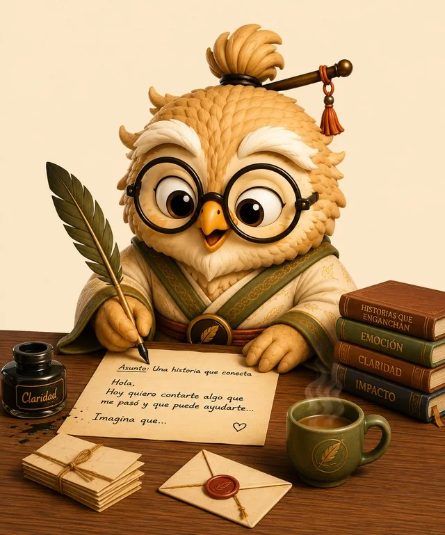 El Maestro Pluma escribiendo una carta en su mesa